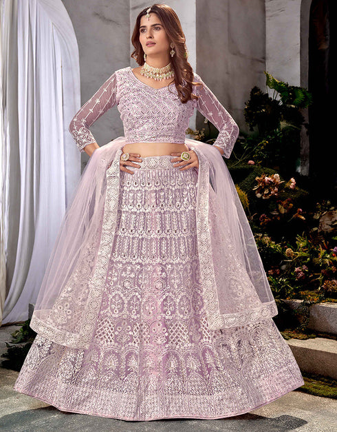 Traditional Designear Party Wear Heavy Net Lehenga Choli Collection Lavender Net Lehenga Choli Close-up View